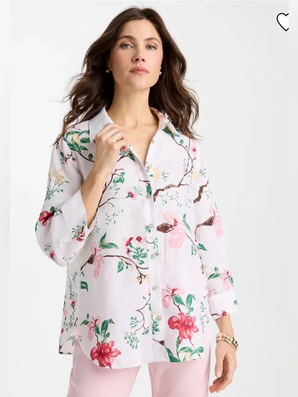 Chicos No Iron Kyoto Bloom 100% Linen Shirt Cuffed 3/4 Sleeve Top, Size 1, M